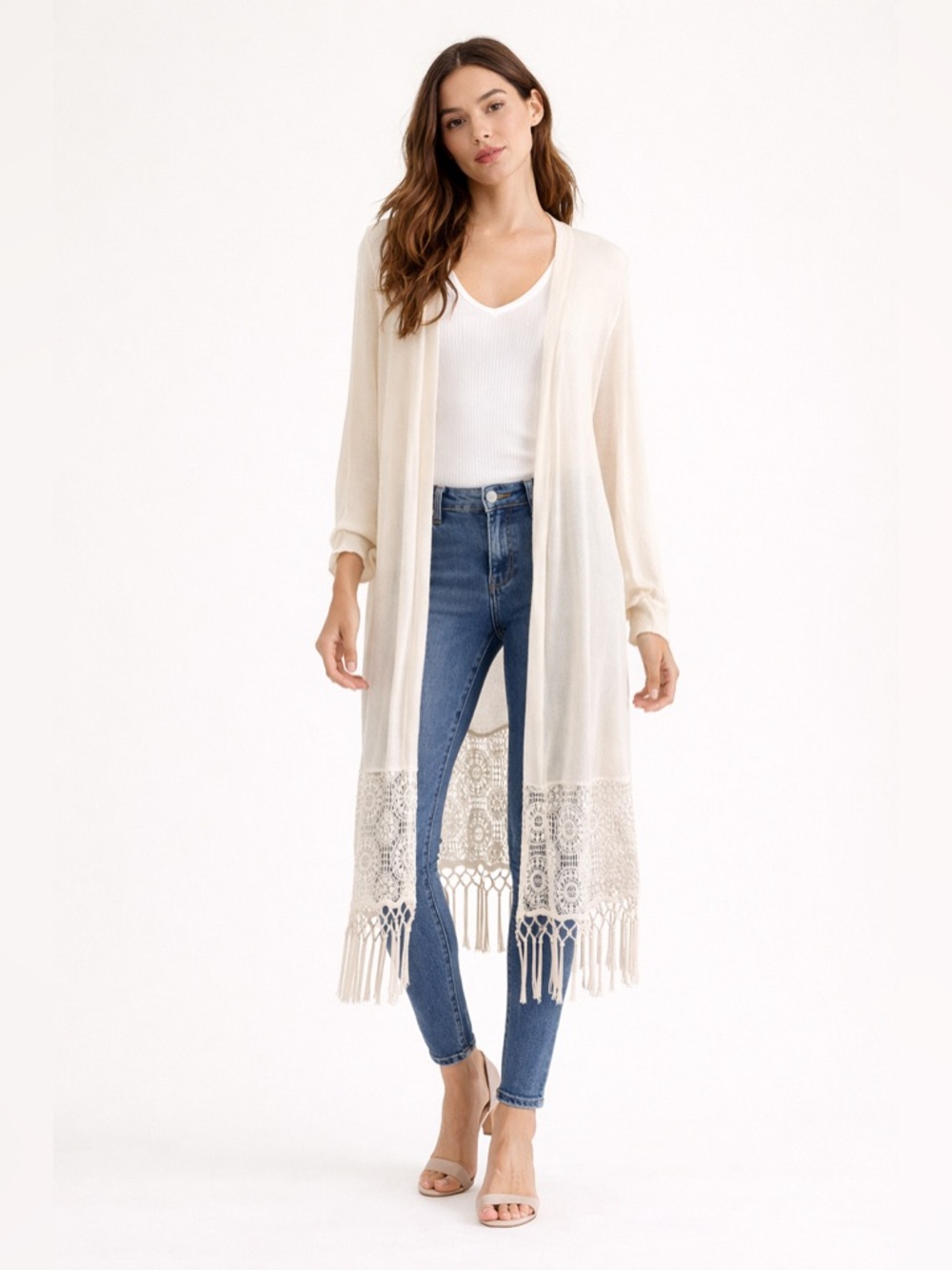 HOLLISTER Boho Lace Fringe Duster Cardigan Cream Open Front Long One Size NWT